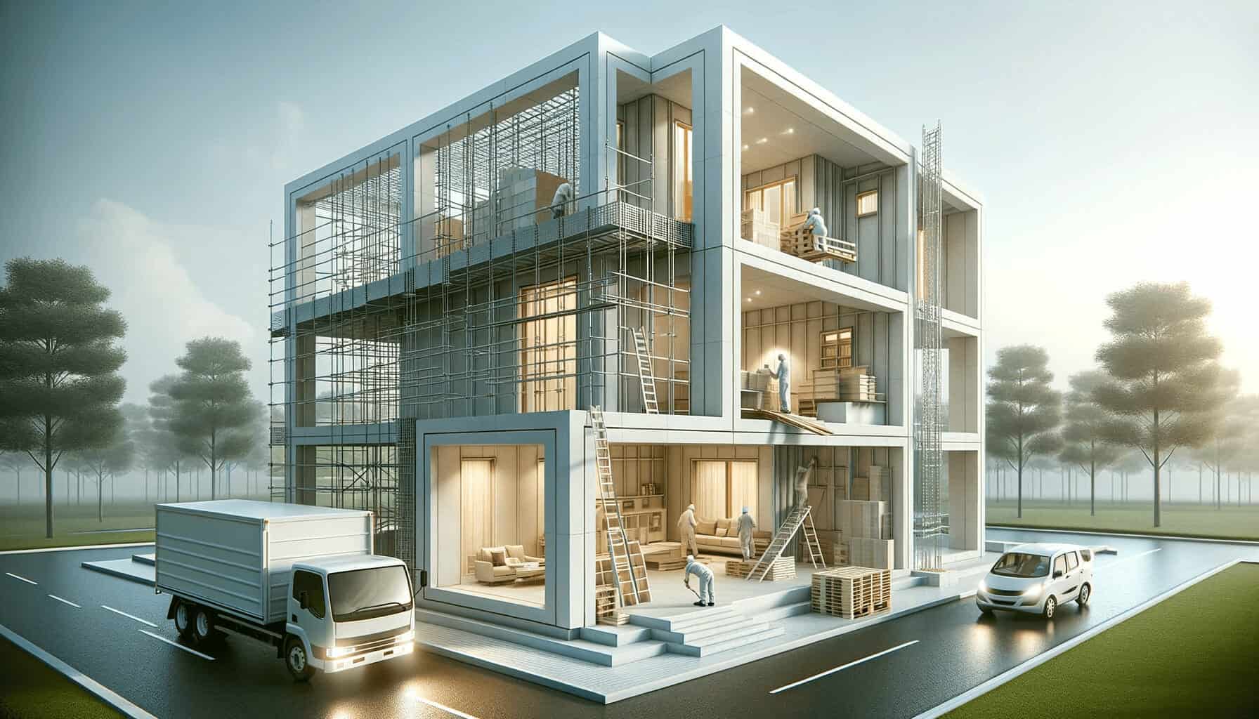 DALL·E 2023 10 16 13.32.36 Photo of a modern house being constructed with IBS panels showcasing the efficiency and innovation of the building process