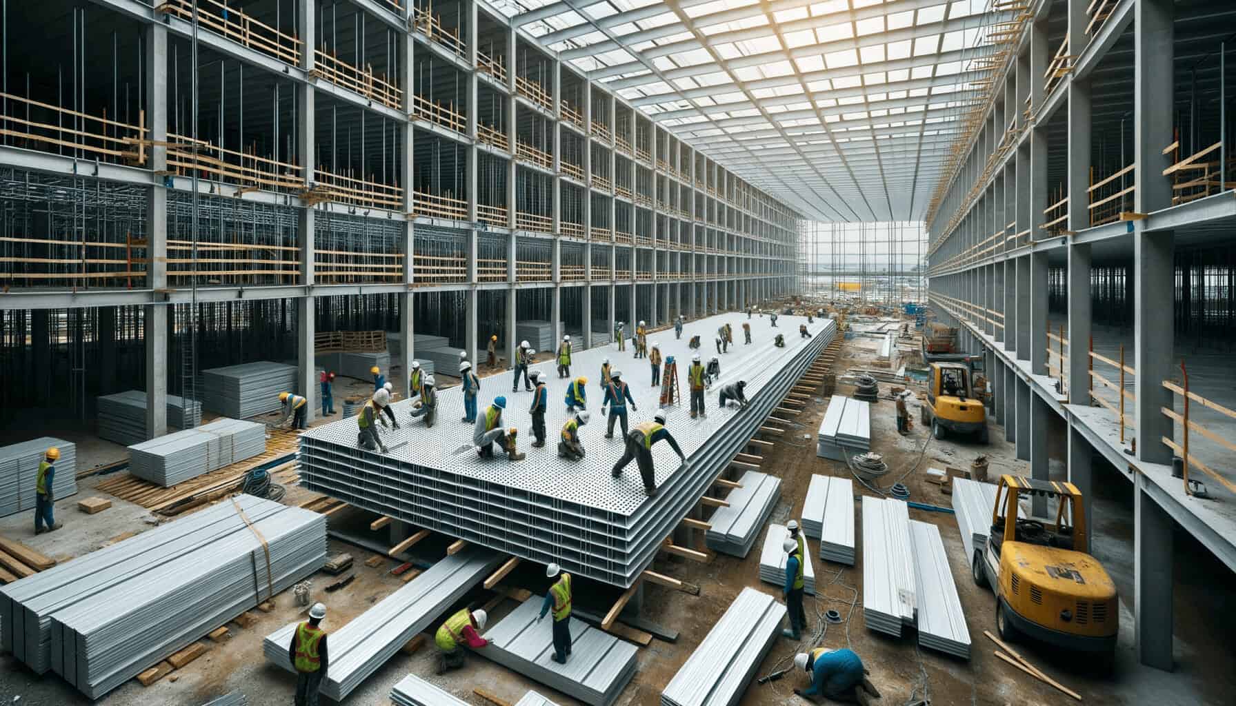 DALL·E 2023 10 16 13.32.54 Photo of IBS panels being assembled on a construction site with workers actively engaged in the process