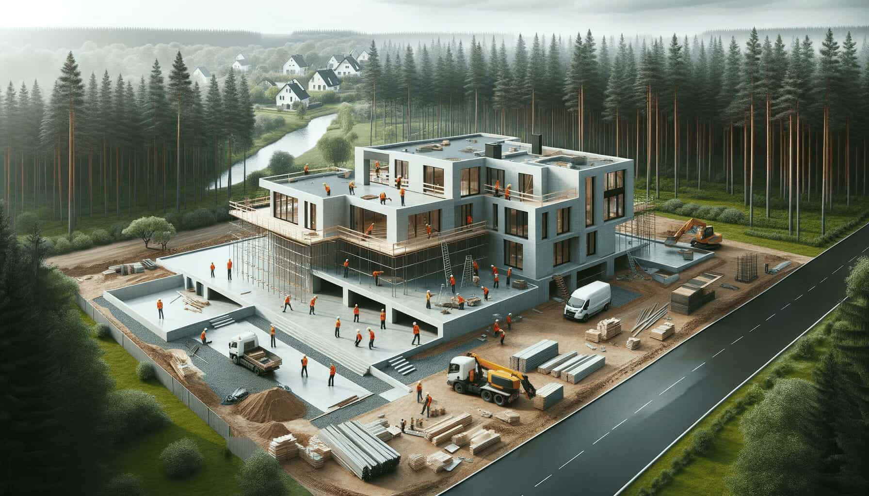 DALL·E 2023 10 16 13.43.34 Photo of construction workers actively building a modern home on a spacious piece of land with trees in the background