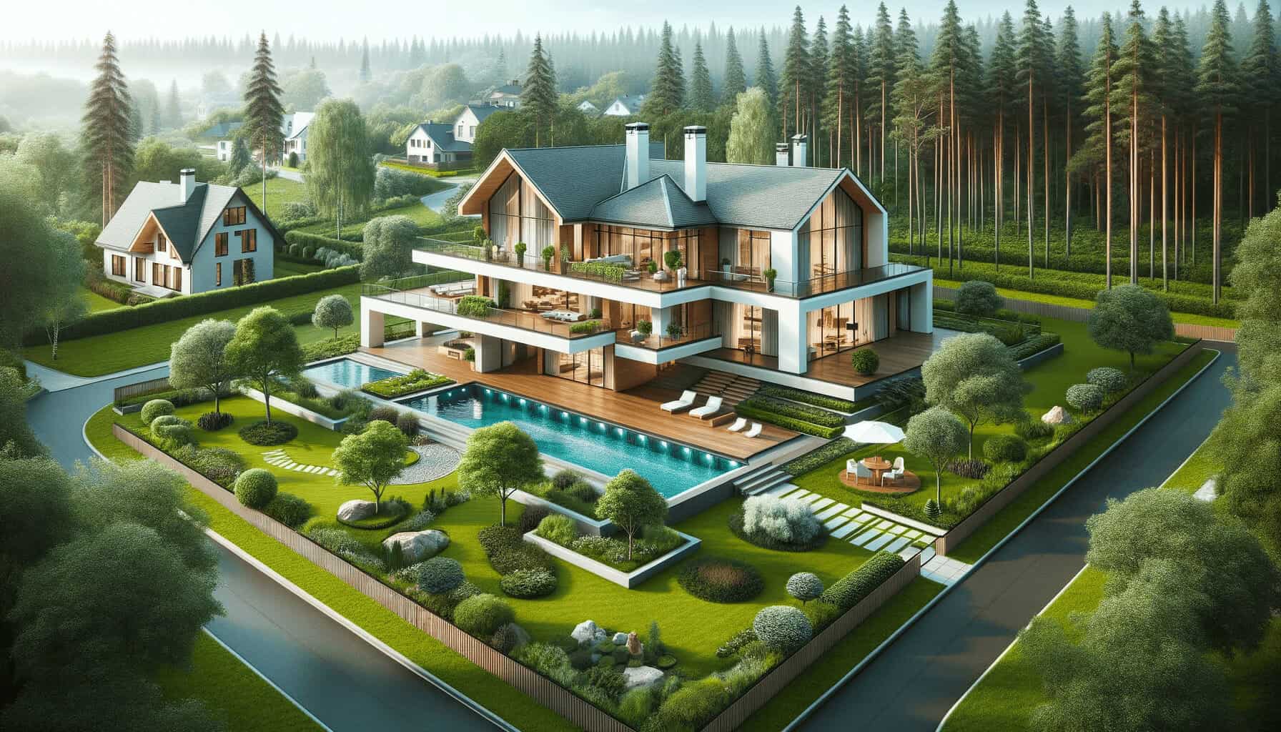 DALL·E 2023 10 16 13.52.52 Photo of a beautifully constructed modern house on a piece of land with a lush green garden