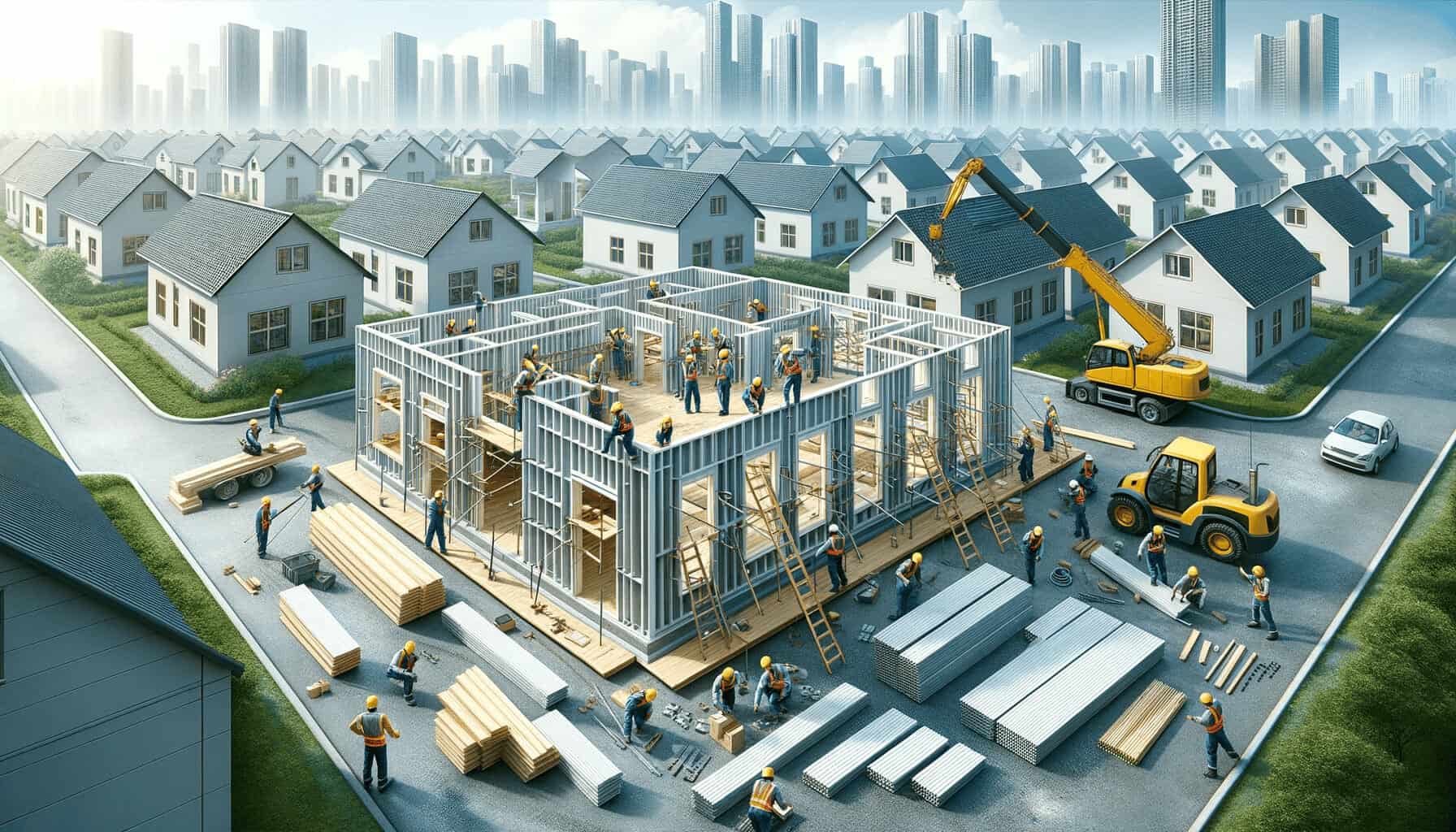 DALL·E 2023 10 16 14.02.47 Photo of construction workers assembling IBS panels on a house construction site highlighting the efficiency and speed of the process
