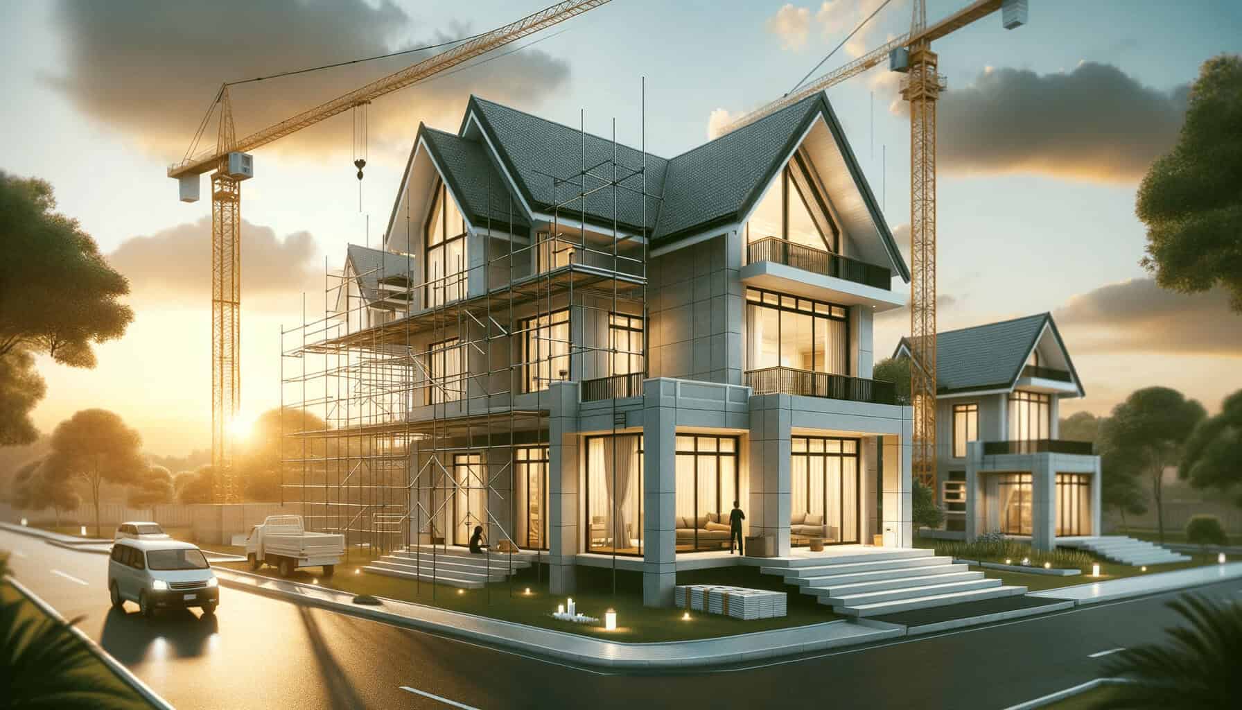 DALL·E 2023 10 16 14.05.09 Photo of a beautiful modern house being constructed with a clear sky in the background emphasizing the idea of building a home on ones own land