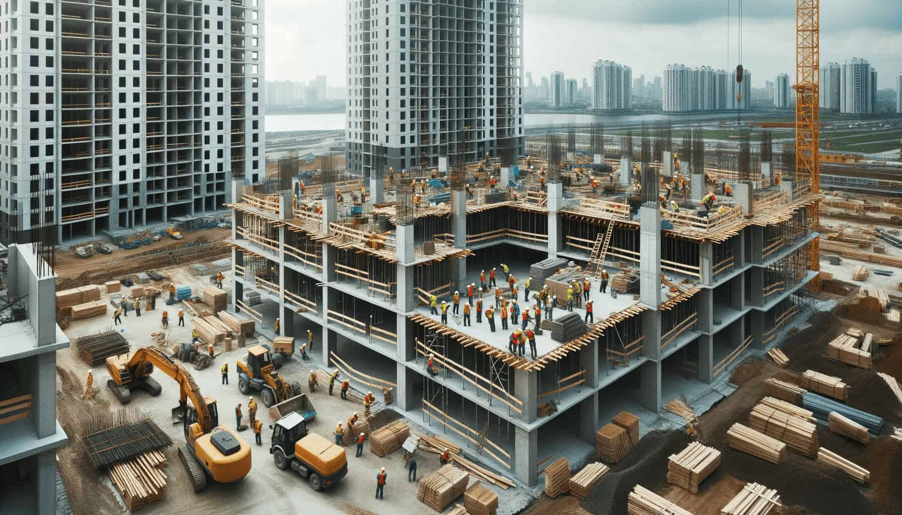 DALL·E 2023 10 16 14.06.15 Photo of construction workers actively working on a new residential building showcasing the process of home construction