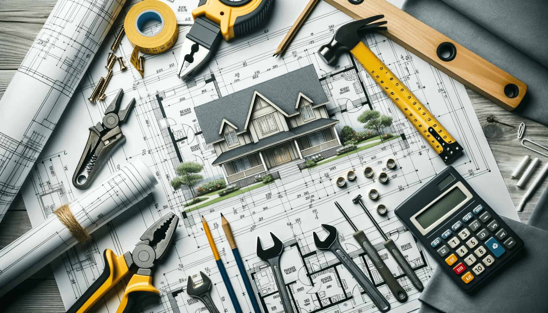 DALL·E 2023 10 16 14.06.33 Photo of an architectural blueprint of a house with construction tools around it highlighting the planning phase of building a home