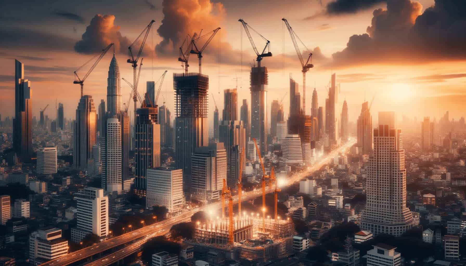 DALL·E 2023 10 17 11.13.12 Photo of a city skyline with cranes indicating construction and development in the real estate sector after the pandemic