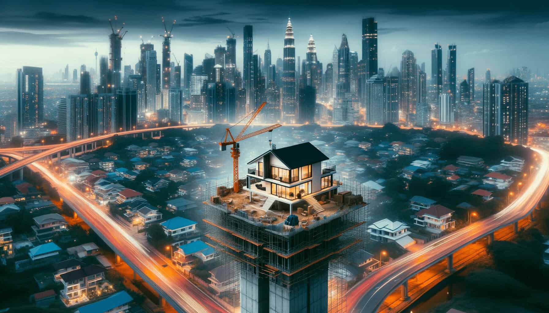 DALL·E 2023 10 17 11.20.45 Photo of a modern house being constructed with the city skyline in the background emphasizing the concept of real estate investment in a growing city