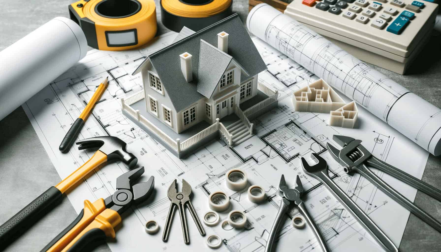 DALL·E 2023 10 17 11.20.50 Photo of a 3D printed house model on a table with blueprints and construction tools around symbolizing modern construction methods