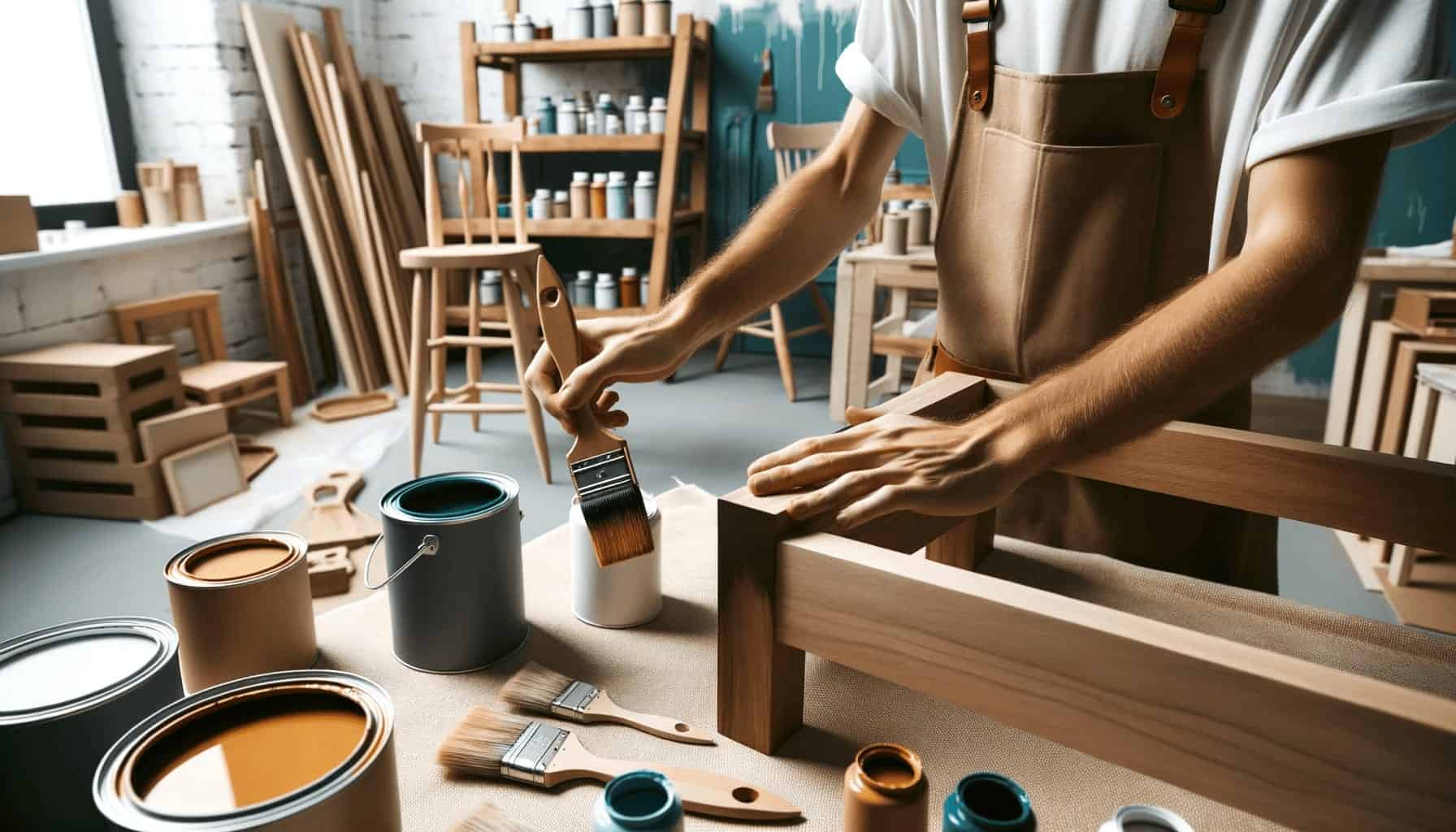 DALL·E 2023 10 17 12.22.39 Photo of hands holding a paintbrush painting a wooden furniture piece in a well lit room with paint cans nearby