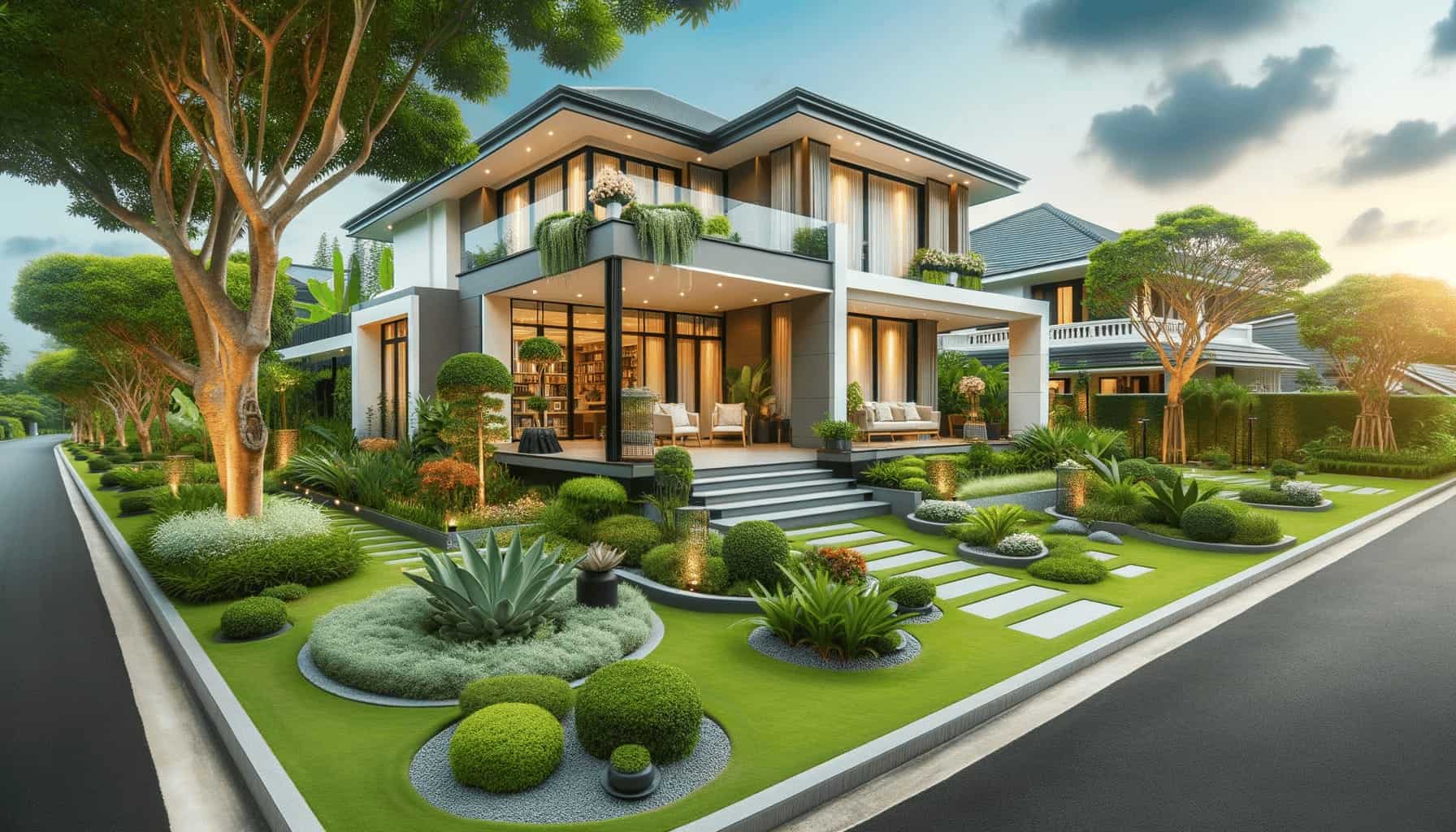 DALL·E 2023 10 17 17.28.58 Photo of a beautifully upgraded modern home exterior with a well maintained garden