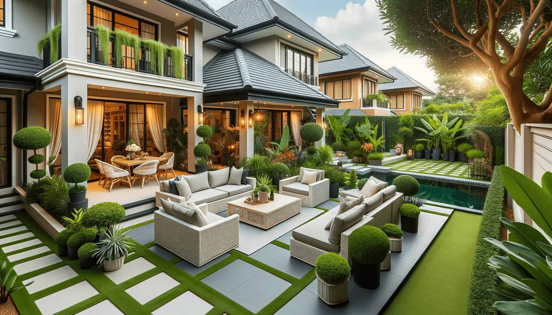 DALL·E 2023 10 17 17.29.10 Photo of a backyard of a house showcasing a newly built patio area with comfortable seating and green plants