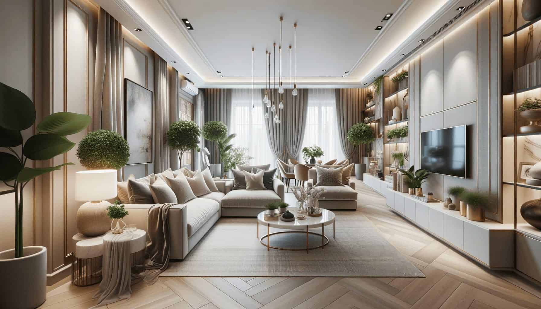 DALL·E 2023 10 17 17.44.44 Photo of a beautifully renovated living room with modern furnishings subtle lighting and a touch of greenery