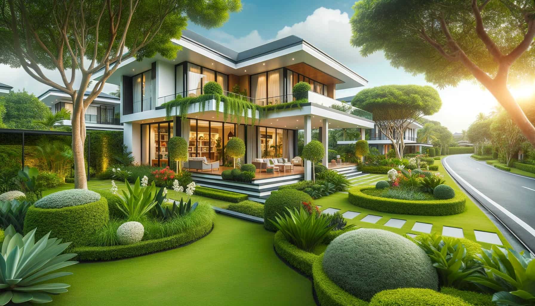 DALL·E 2023 10 17 17.57.29 Photo of a beautiful modern house with a lush garden in the foreground showcasing the beauty of home ownership