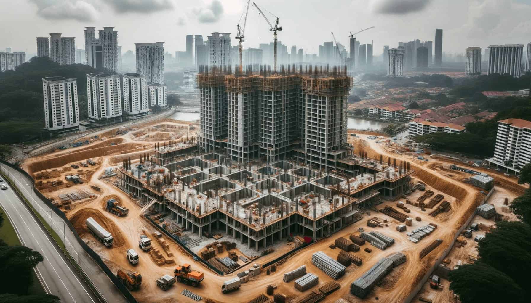 DALL·E 2023 10 19 15.49.13 Photo of a construction site in Malaysia showcasing the foundation and initial stages of a residential building