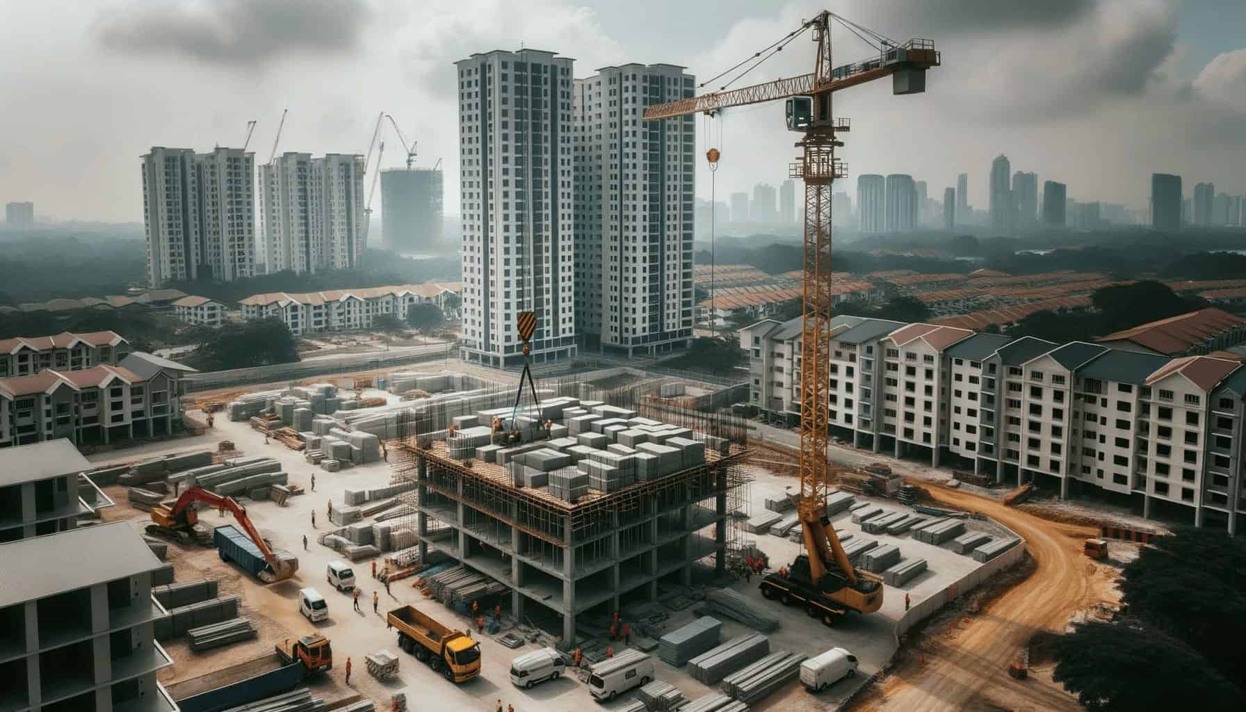 DALL·E 2023 10 19 15.50.08 Photo of a construction crane lifting materials at a residential building site in Malaysia